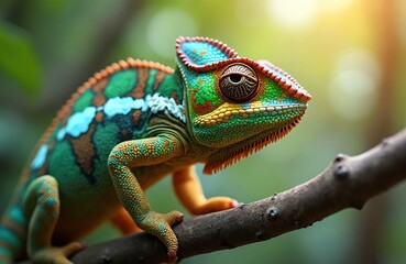 Obraz premium Chameleon grips branch with scaly skin, displays vibrant colors, and has independently moving eyes. Reptile sits on wood in sunlit forest, showing unique wild nature.