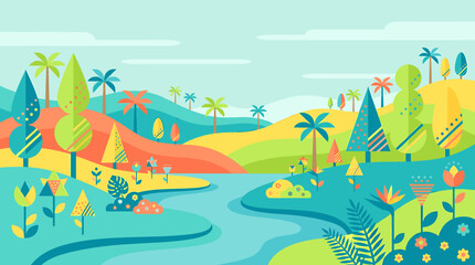 Obraz premium Colorful vector illustration of a bright landscape with a winding river, hills, and various stylized trees and plants.