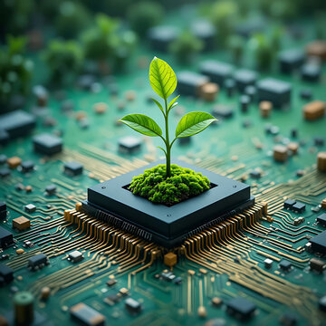 A small plant grows on a computer microchip surrounded by moss