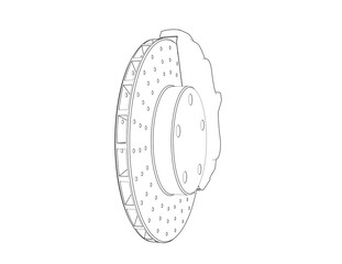 Detailed Line Art Schematic of Car Disc Brake Rotor and Caliper Component. Simple Monochrome Engineering Outline Illustration for Automotive Repair, Technical Drawing, and Industrial Design Concepts