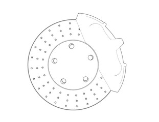 Detailed Line Art Schematic of Car Disc Brake Rotor and Caliper Component. Simple Monochrome Engineering Outline Illustration for Automotive Repair, Technical Drawing, and Industrial Design Concepts