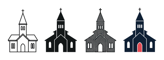 Plakat Set of four church building icons in various graphic styles including outline, solid silhouette, textured, and colored versions for religious or architectural design