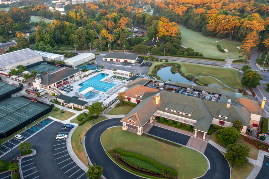 Aerial View of the Princess Anne Country Club in Virginia Beach With Large Swimming Pool at Sunrise