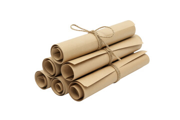 Stack of old paper scrolls tied with twine