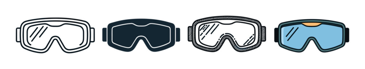 Set of ski and snowboard goggles presented in four different icon styles, including outline, silhouette, hand-drawn sketch, and simple flat color illustration