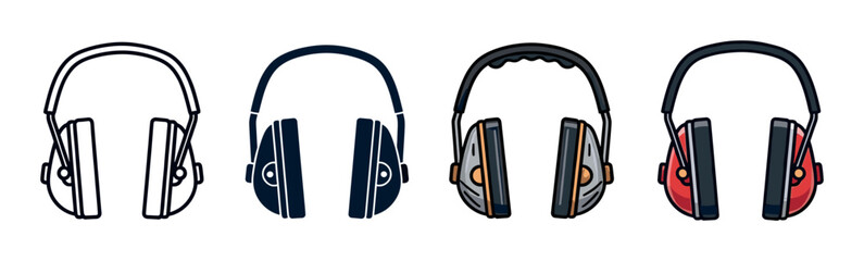 Set of hearing protection earmuffs icons shown in four different styles including line art, silhouette, and colored cartoon vector illustrations for safety equipment concepts