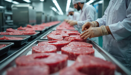 Workers in sterile environment sort raw meat cuts on assembly line. Food production facility prepares beef for packaging and distribution. Fresh meat processing in factory