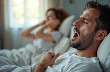 Man snores loudly in bed while his wife covers her ears in frustration. Relationship problems due to snoring and sleepless nights impacting health and well being.