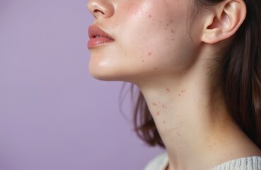 Fototapeta premium Young woman shows neck with red acne spots. Blemishes and pimples affect her skin. Problematic complexion on lavender background. Beauty care is needed.