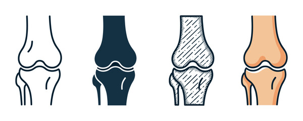 Knee joint icon set with four different styles including line art, solid glyph, hand-drawn sketch, and color fill for medical and anatomical design projects