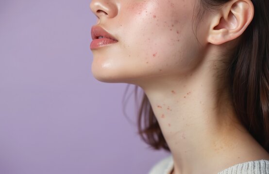 Young woman shows neck with red acne spots. Blemishes and pimples affect her skin. Problematic complexion on lavender background. Beauty care is needed.
