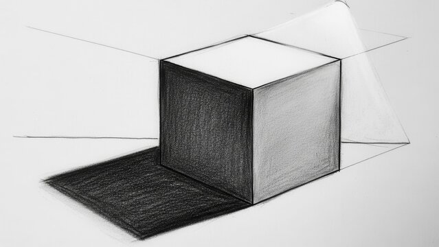 Pencil Drawing of a Cube Showing Light and Shadow, Perspective Drawing, Art Study
