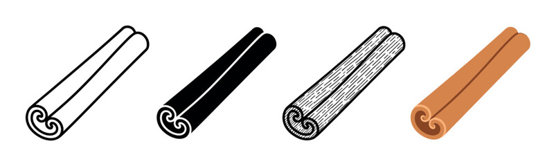 Cinnamon stick vector icon set showing four different graphic styles including simple outline, solid silhouette, detailed engraving, and a modern flat color illustration