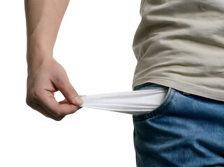 Man Pulling Out Empty Pocket on Transparent Background