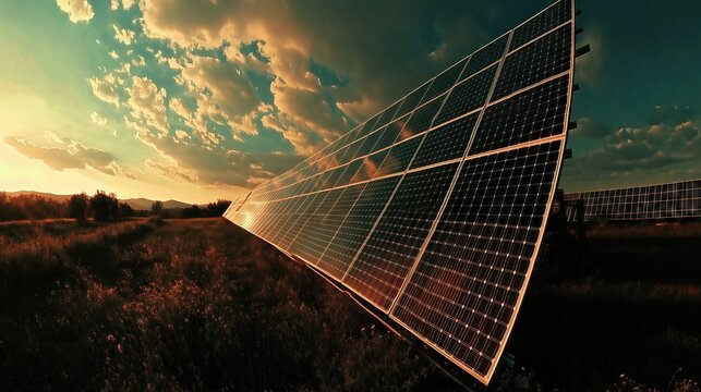 Solar panels in field at sunset background