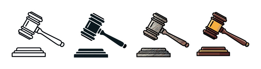 Judge gavel and sounding block icon set presented in outline, solid glyph, hand-drawn sketch, and colored flat vector illustration styles for justice and legal themes