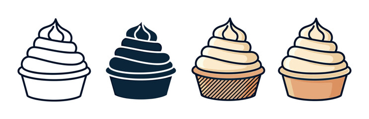 Four sweet dessert icons in a collection featuring a cupcake or soft serve with swirled frosting in various graphic styles like line art, a solid glyph, and simple colored cartoon