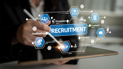 A visual representation of the recruitment process featuring digital tools for hiring, headhunting,...