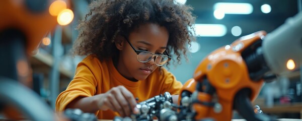 Young girl with glasses builds an orange robot arm in workshop. Focused child learns STEM skills assembling intricate machinery. Future innovation develops in lab.