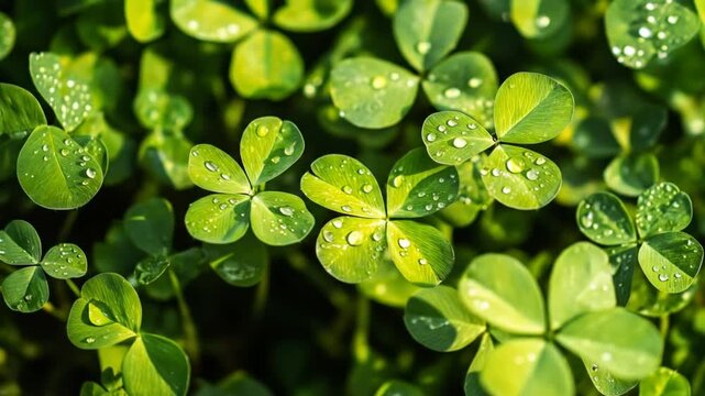 Vibrant green clover plants with water droplets closeup nature background