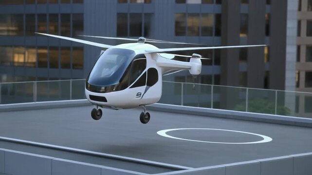 White compact helicopter drone on urban rooftop helipad with glass railing and tall buildings in the background