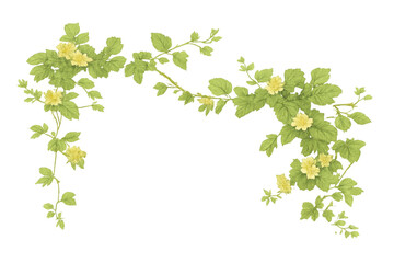 Green vine with yellow flowers creating a decorative floral border on transparent background, botanical design element