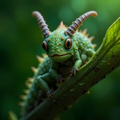 Green lizard with horns perched on leafy branch in forest