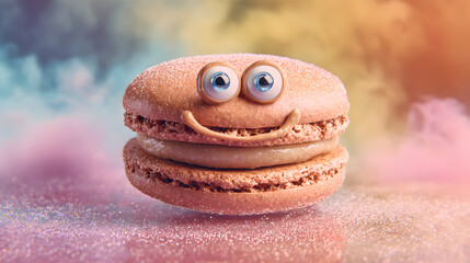 galleta de macarron francesa animada con boca y ojos en movimiento sobre un fondo con espacio de copia con textura decorativa 