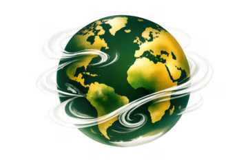 World globe representing green environment and global ecology with swirling white atmosphere, transparent background