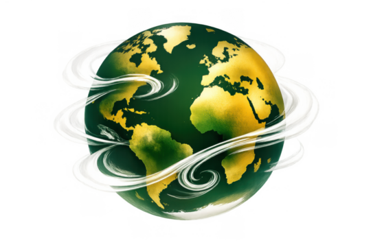 World globe representing green environment and global ecology with swirling white atmosphere, transparent background - Powered by Adobe
