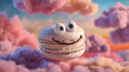 un macarron frances animado con boca y ojos sobre nubes de color rosa flotando en un cielo colorido feliz y divertido postre delicioso