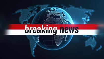 Digital globe with breaking news text overlayed on a red and white banner. Global network map background suggests worldwide information flow and urgent reports.