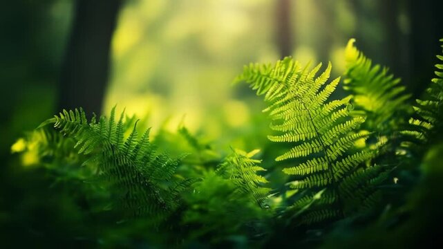 Vibrant green fern leaves illuminated by sunlight in a forest setting