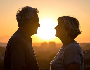 Elderly Couple Facing Each Other at Sunset.