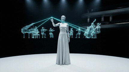 Artificial intelligence conductor orchestrates holographic symphony in futuristic concert hall