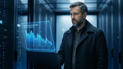 Man in data center analyzing AI infrastructure cost optimization on holographic display