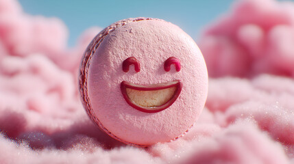 un galleta macarron francesa con una cara hecha de caramelo sonriente sobre un fondo de nubes esponjosas delicioso postre