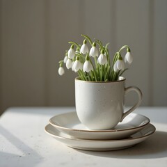 Delicate white flowers in a ceramic teacup on saucer