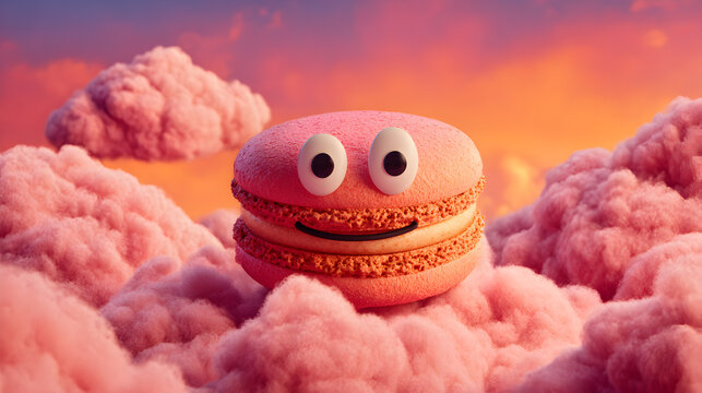 una galleta estilo macarron frances con ojos y boca animados sobre un fondo de nubes color rosa esponjosas en el cielo creativos deliciosos comida dulce animada