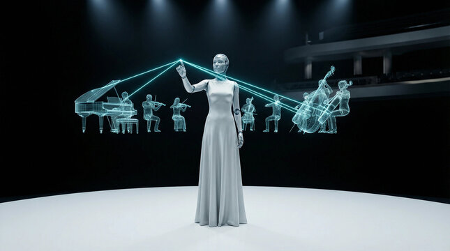 Artificial intelligence conductor orchestrates holographic symphony in futuristic concert hall