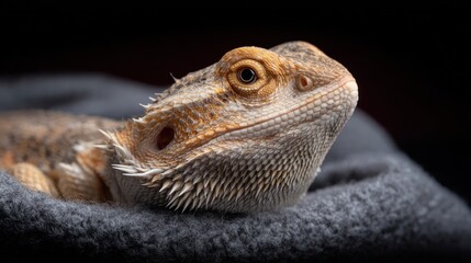Close up portrait of a bearded dragon reptile on dark background