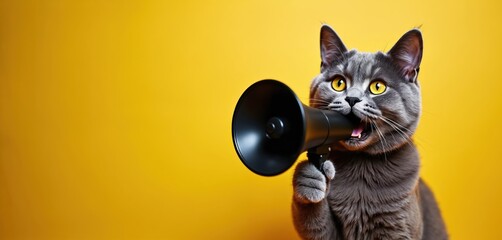 Gray cat shouts through megaphone on yellow background. Announcing news or making announcement. Attention getter, loud sound communication device. Funny pet making statement.