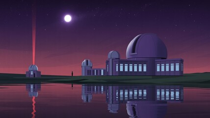 An observatory complex stands by a serene lake under a starry night sky with a bright moon