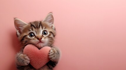 A cute kitten is hugging a toy red heart. A cute kitten on a pink background. Love concept for Valentine's Day. Banner, advertising poster for an animal shelter or veterinary clinic.
