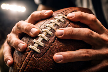 Gridiron Grip: Close-up shot showcases a pair of hands gripping a worn leather football, embodying the intensity and physicality of the sport.