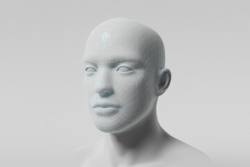 Humanoid face with wireframe and head implant.
