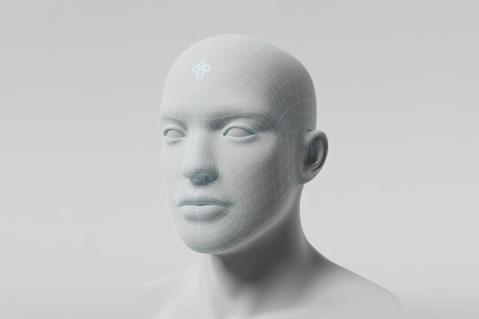Humanoid face with wireframe and head implant. - Powered by Adobe