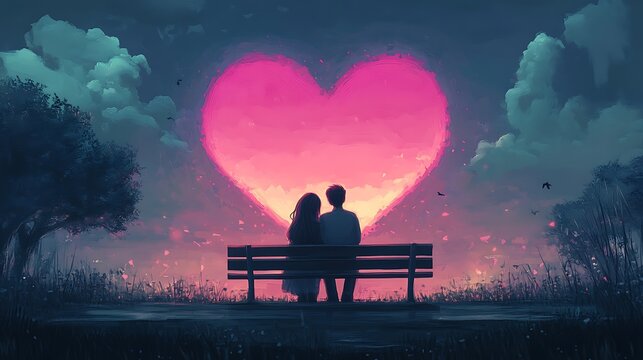 Couple sitting on bench watching romantic pink heart sunset