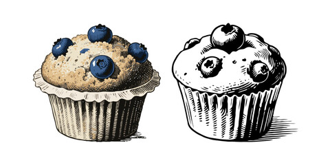 Two blueberry muffins shown side-by-side, one in color and one in black ink sketch style, both on a clean white background, food concept