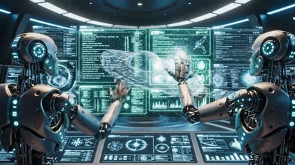 Advanced robots collaborating and analyzing complex data in a high tech futuristic control room with holographic displays and sophisticated interfaces - Powered by Adobe